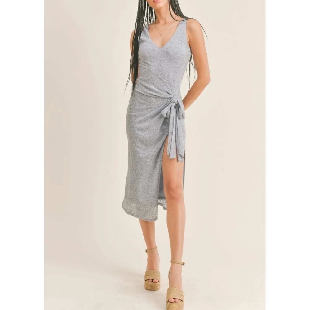 Sage The Label Anthropologie S Ocean Breeze Dress Grey Heathered Side Tie Midi